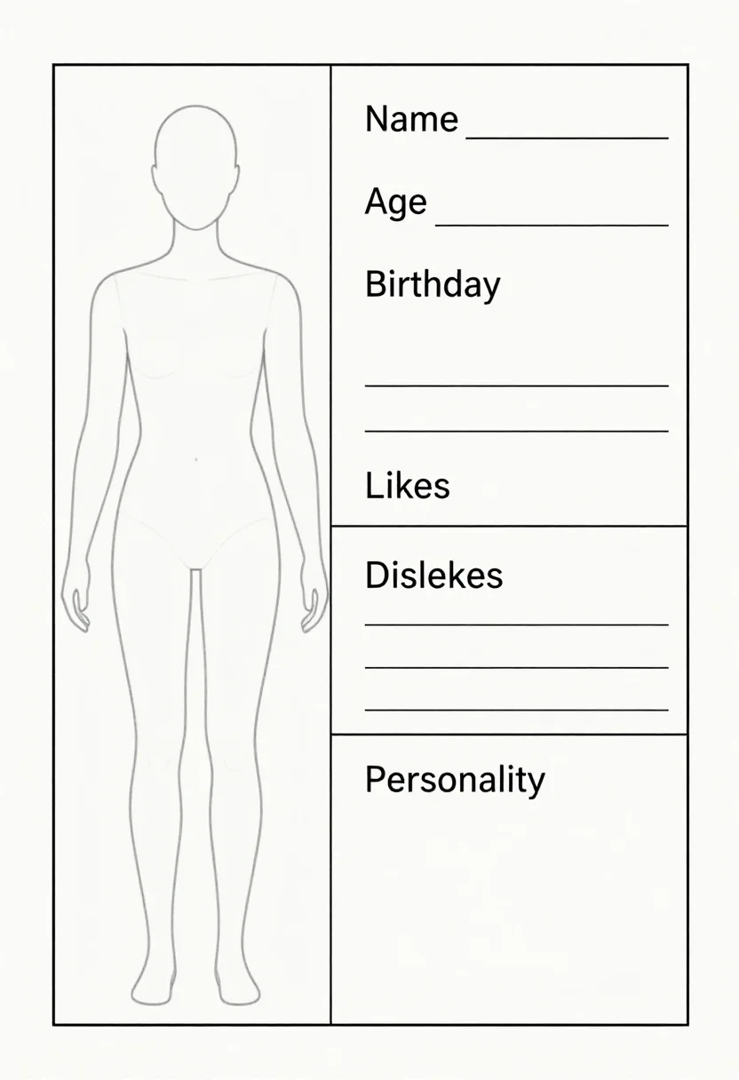 OC templates — a page with a full-body base outline on the left and on the right empty writing lines labelled exactly "Name", "Age", "Birthday", "Likes", "Dislikes" and "Personality", a clean minimalist printable worksheet with thin uniform black lines, simple ruled writing lines and plain square-cornered boxes