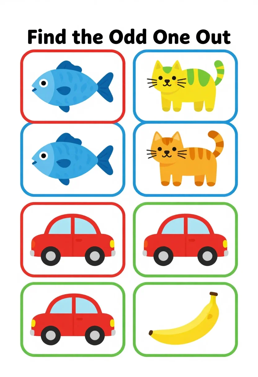 Odd one out worksheets — a worksheet headed "Find the Odd One Out" with six rows of four pictures, three of a kind and one different, such as three fish and a cat, three cars and a banana, for the child to circle, bright flat classroom design, bold primary colours, rounded boxes, clean vector illustrations