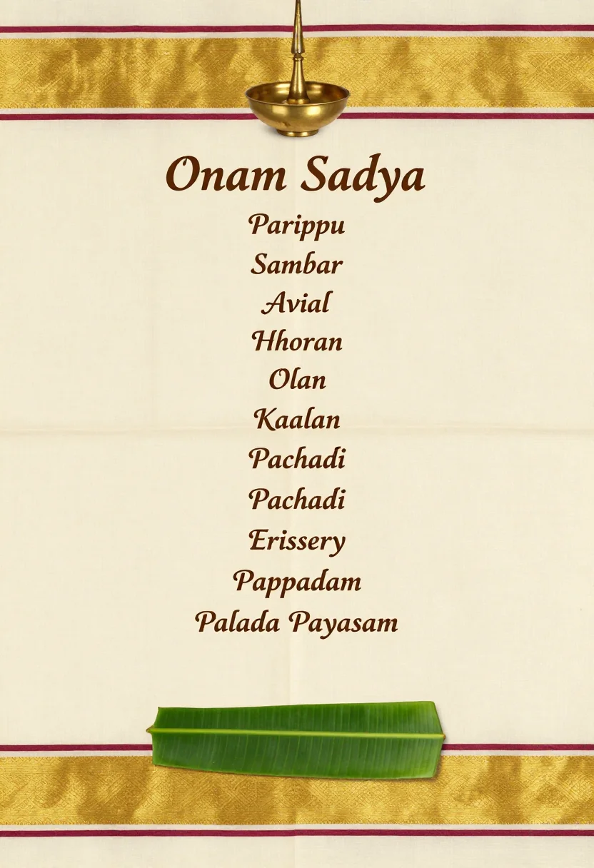 Onam sadya menus — a vertical menu card headed "Onam Sadya" listing "Parippu, Sambar, Avial, Thoran, Olan, Kaalan, Pachadi, Erissery, Pappadam, Palada Payasam" down the page, a small brass nilavilakku at the top and a strip of banana leaf at the foot, Kerala kasavu look, fine gold zari border bands on handloom off-white, the headings in elegant serif