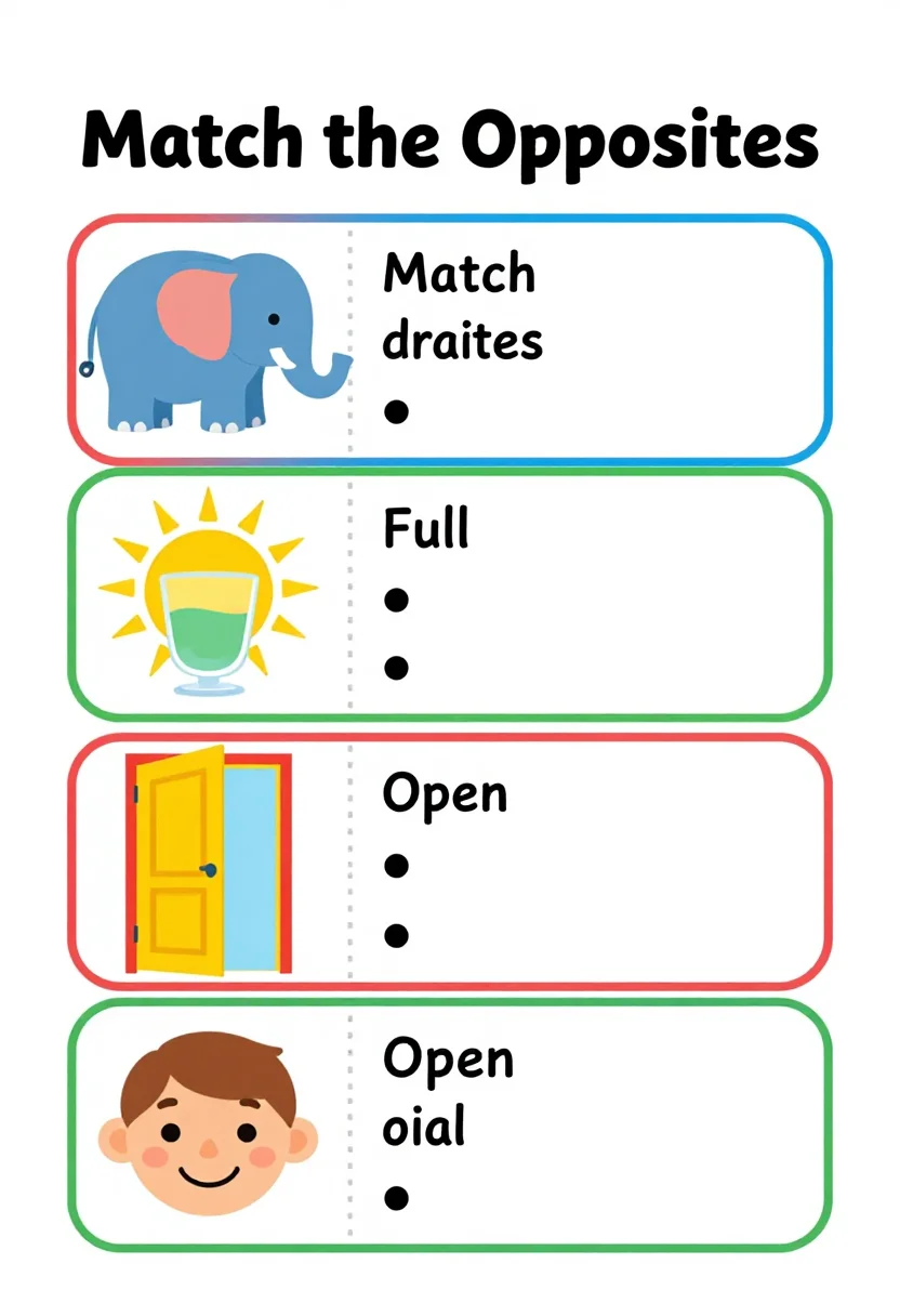 Opposites worksheets — an opposites worksheet headed "Match the Opposites" with five pictures down the left, a big elephant, a hot sun, a full glass, an open door and a happy face, the opposites in a mixed order down the right, and dots to join, bright flat classroom design, bold primary colours, rounded boxes, clean vector illustrations