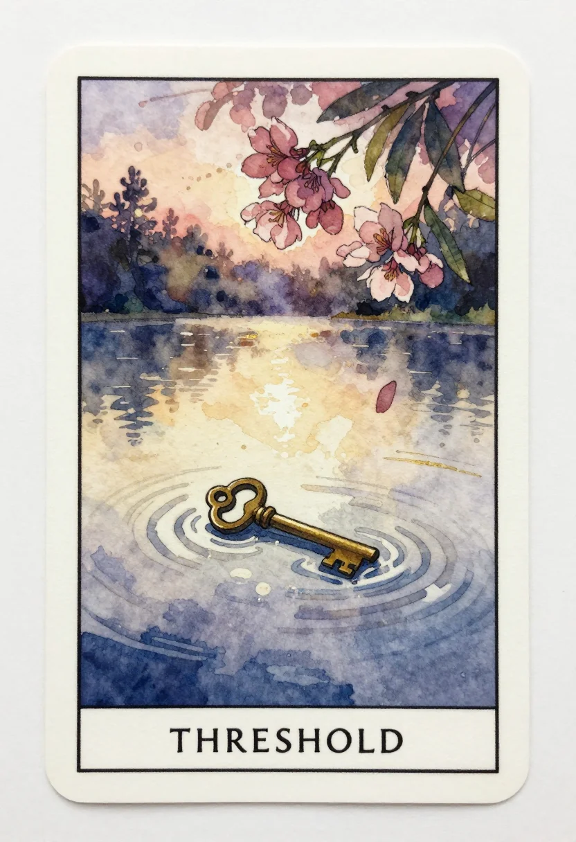 Oracle decks — the single word "THRESHOLD" set in small capitals at the foot, above it a brass key lying on the bed of a still lake with rings of ripple spreading over it, loose watercolor illustration, soft blooms and bleeds, visible cold-press paper texture under a fine ink outline