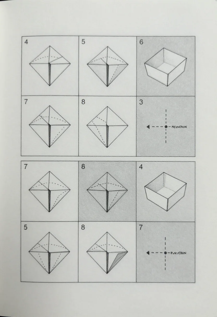 Origami boxes — an origami diagram sheet for the traditional masu box from a square, ten numbered step panels folding the corners to the center, dashed valley folds and arrows, the open square box and its lid drawn last, classic origami-book diagram, thin black outlines, one side of the paper left white and the reverse side tinted light gray, small curved arrows