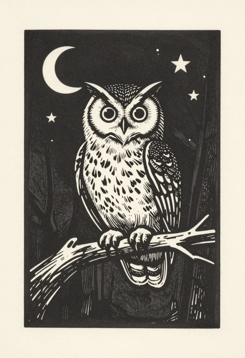 Owls — An owl perched on a bare oak branch at night, feathers fluffed against the cold, eyes wide and round, a crescent moon and a few stars behind it, the forest dark below., a woodcut print, bold carved marks, the lights cut away in hatching, slight ink texture where the block bit unevenly