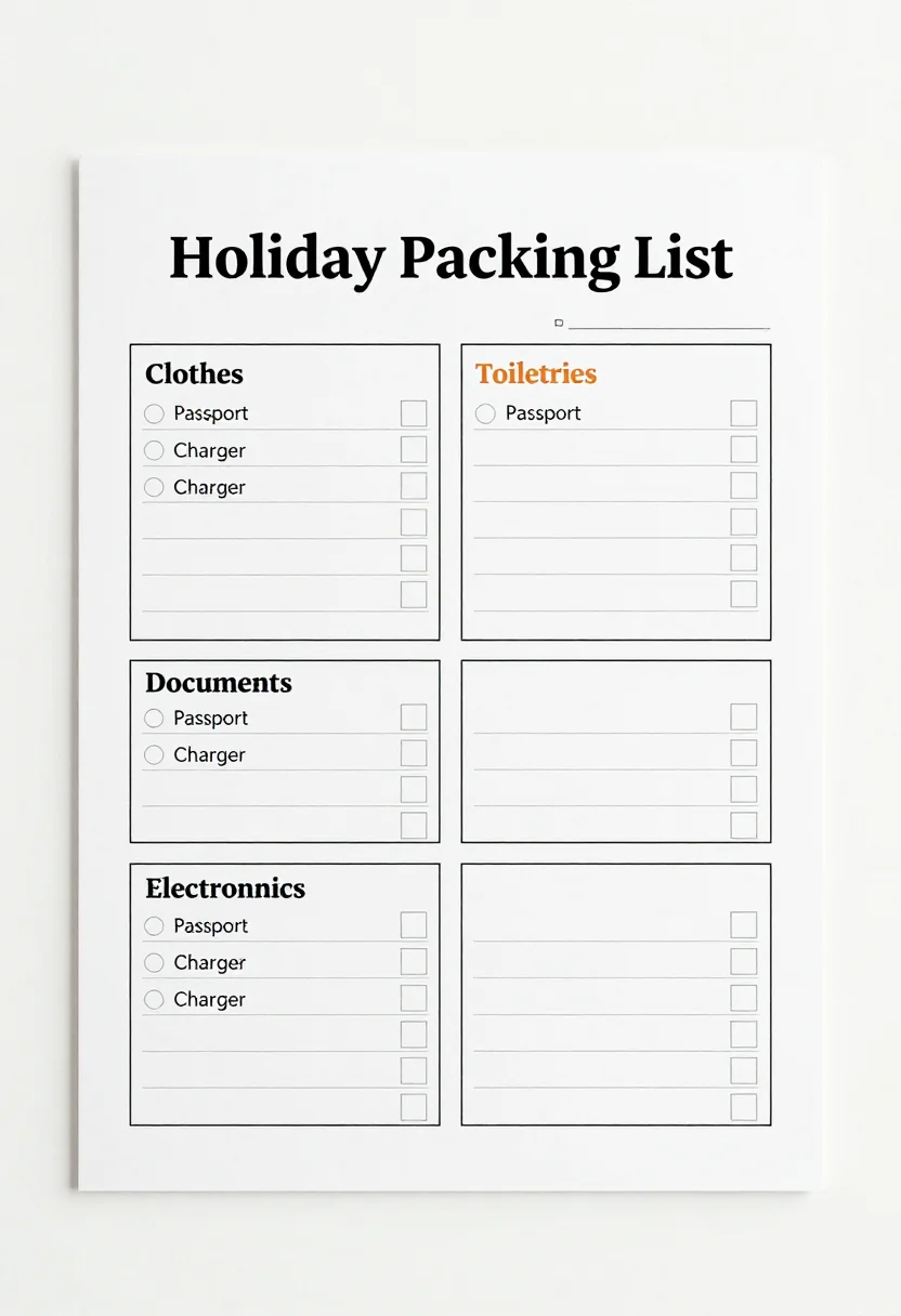 Packing lists — a holiday packing list in four boxes "Clothes", "Toiletries", "Documents" and "Electronics", each with eight listed items such as "Passport" and "Charger" and an empty tick box beside each, a clean minimalist printable planner page, thin even black lines, a crisp sans-serif title and a spacious tidy layout