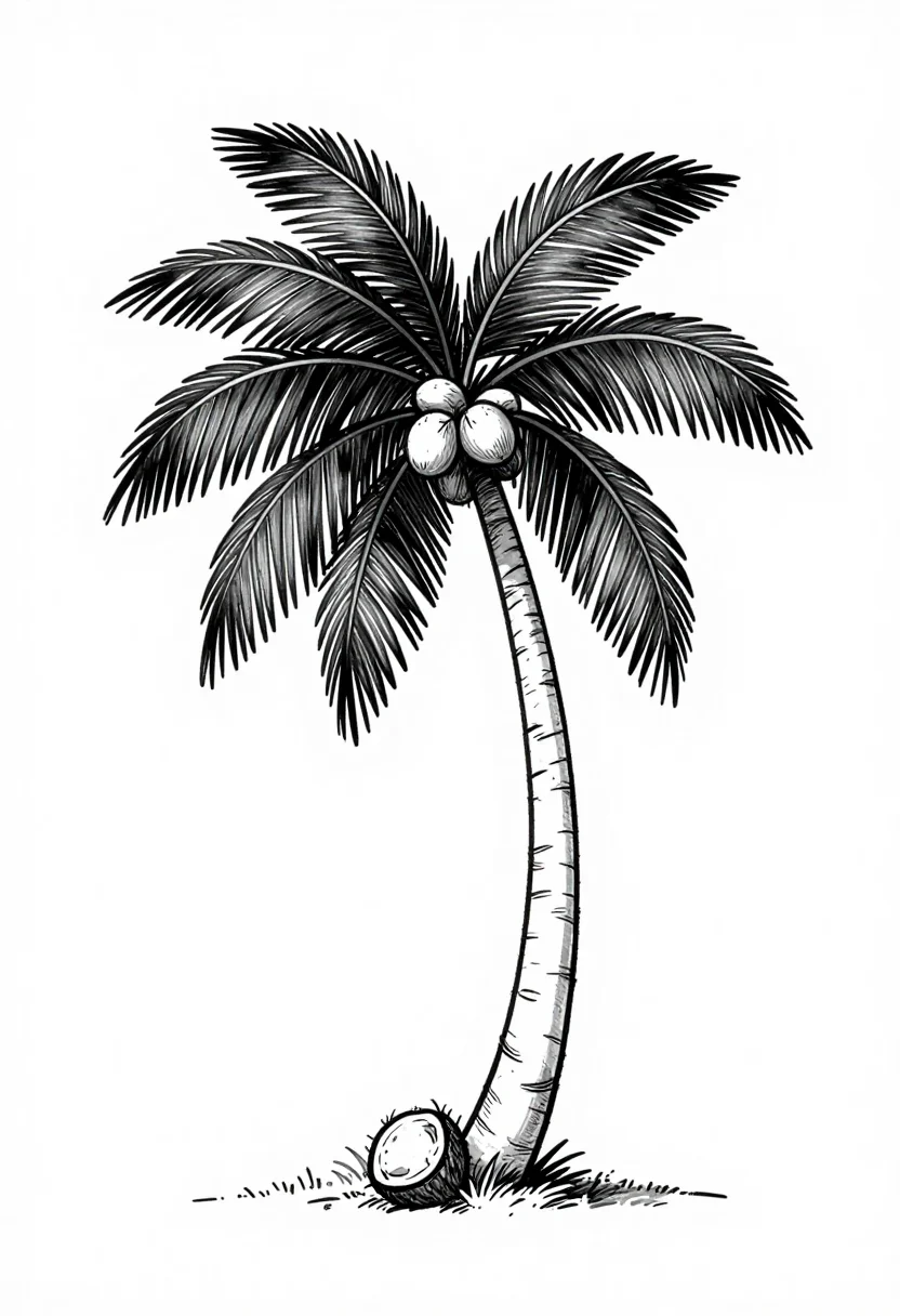 Palm trees — A single tall coconut palm with a curving trunk and a crown of fronds, a few coconuts, drawn whole on a plain ground., single-weight black line drawing, clean contour, white ground