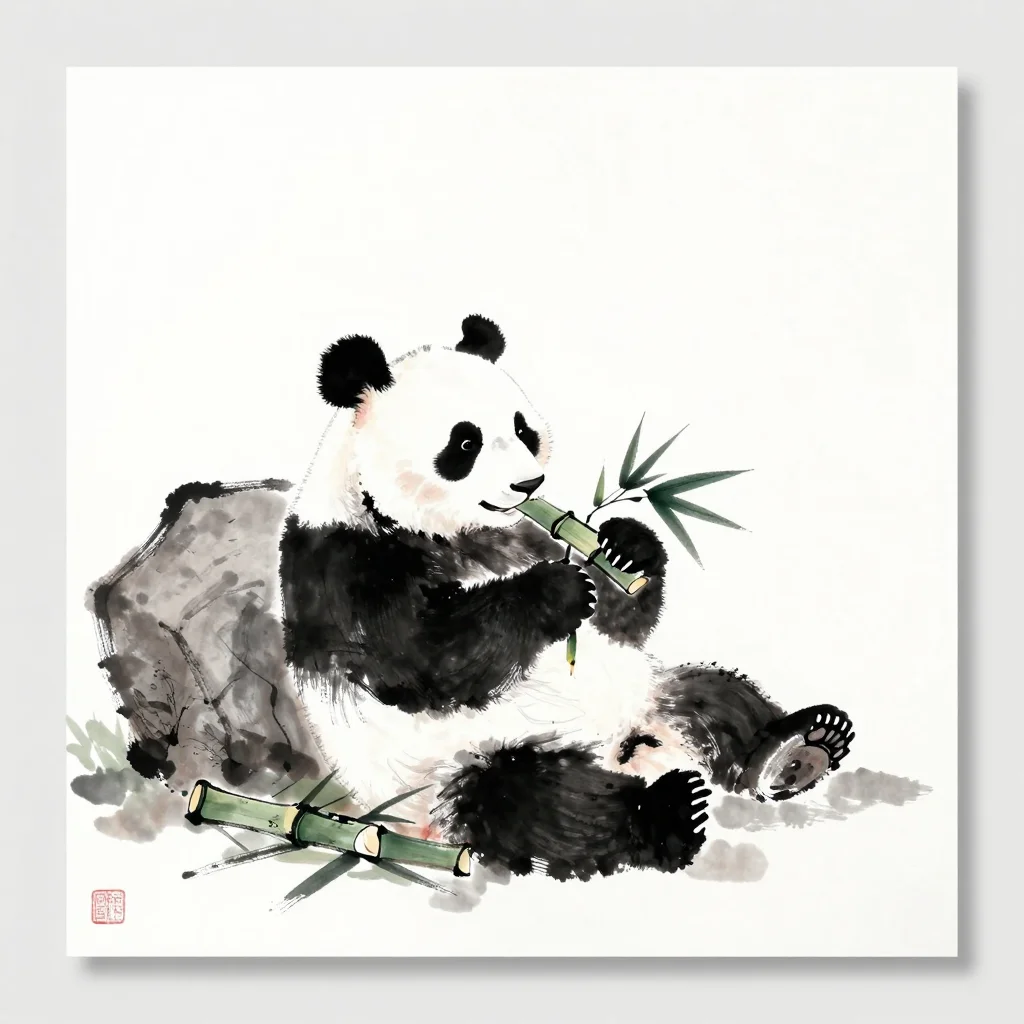 Pandas — a panda sitting back against a rock with a bamboo stalk held in both paws and the leaves halfway into its mouth, a pile of stripped stalks beside it and one hind foot up, a Chinese ink-brush painting, the animal laid in a few wet loaded strokes and everything around it in thin grey washes, the brush leaving dry gaps where it lifts