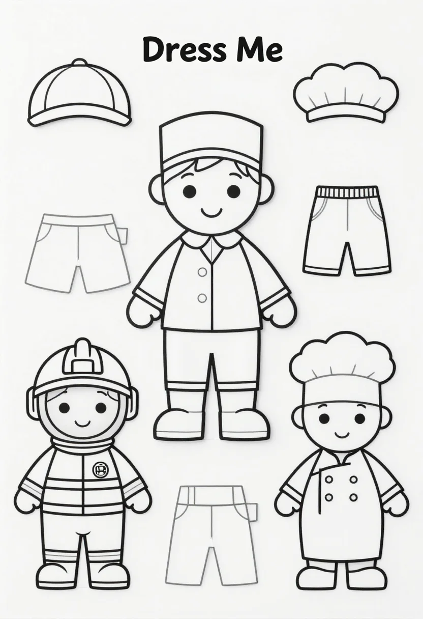 Paper doll clothes · Dress-up jobs · Colour-in