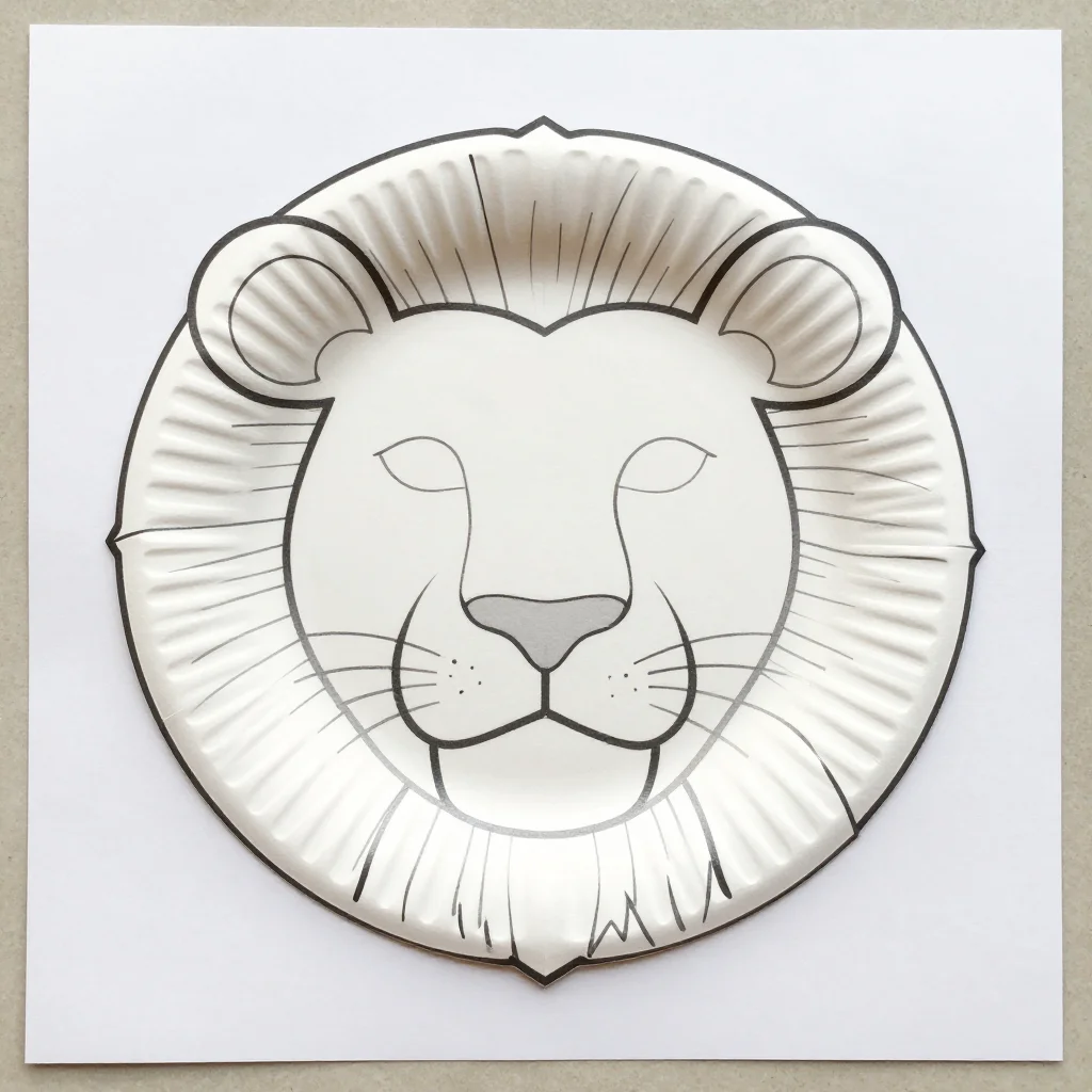 Paper plate crafts — a printable paper plate lion sheet, a plate circle drawn in the middle with the face to colour, and a ring of mane pieces and two ears around it with solid cut lines, clean closed black line art in one uniform thin stroke, no shading, no gray tones, no fills