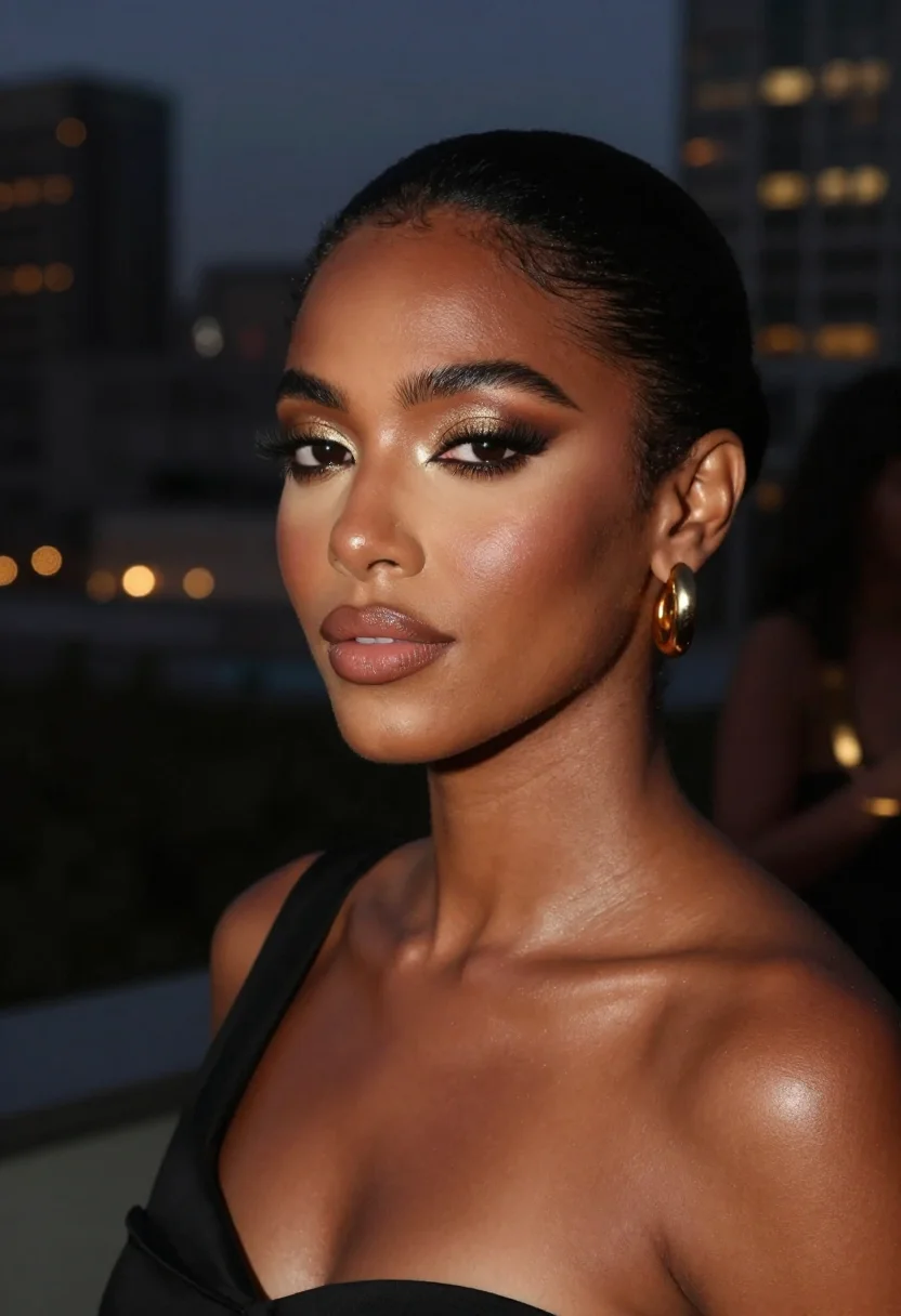Party makeup looks — a bronze and gold shimmer eye, full lashes, sculpted cheekbones and a glossy nude-pink lip, an evening photograph at a rooftop party, the city at night blurred to warm bokeh