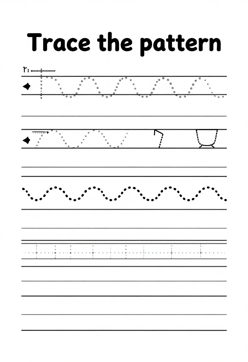 Pattern tracing — a pattern tracing page headed "Trace the pattern" with five bands of dotted repeating loops, waves and cup shapes between two guide lines, a start arrow at the left of each band, a clean school-printable worksheet with thin black ruled lines, uniform stroke weight and light grey dotted tracing