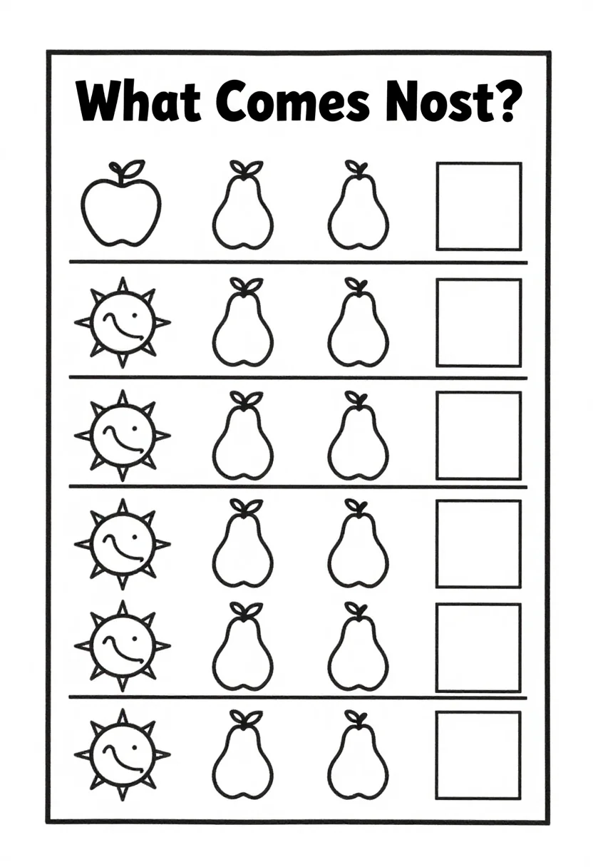 Pattern worksheets — a pattern worksheet headed "What Comes Next?" with five rows of repeating pairs, apple pear apple pear, sun moon sun moon, each row ending in an empty box for the child to draw the next picture, a plain black line worksheet, thick clean rounded lines and simple outline pictures, nothing decorative