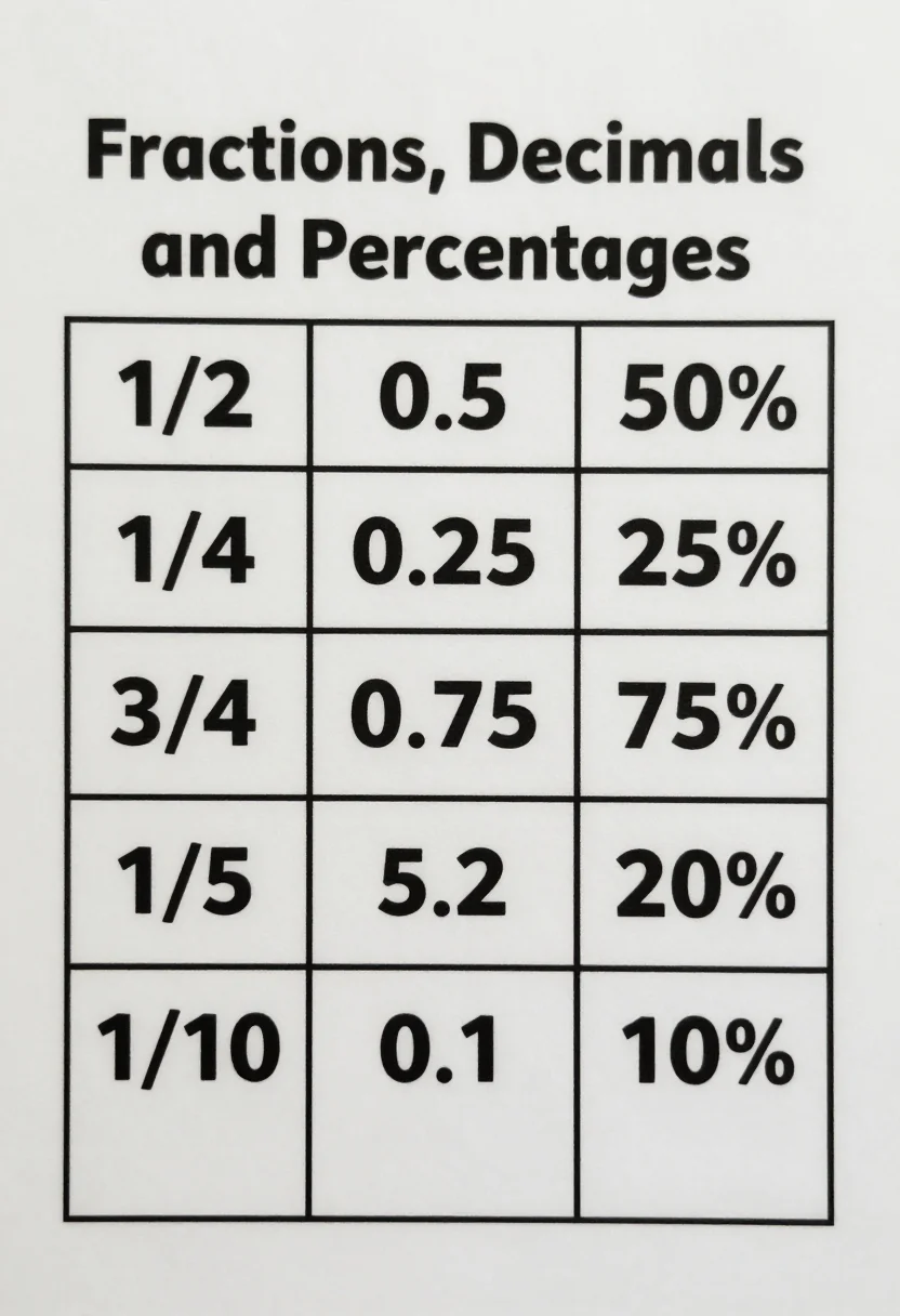 Percentage charts — a chart headed "Fractions, Decimals and Percentages" in three columns, with rows "1/2 0.5 50%", "1/4 0.25 25%", "3/4 0.75 75%", "1/5 0.2 20%" and "1/10 0.1 10%", a clean school photocopy sheet, crisp black lines, a simple bold sans-serif heading, tidy even rows and nothing decorative
