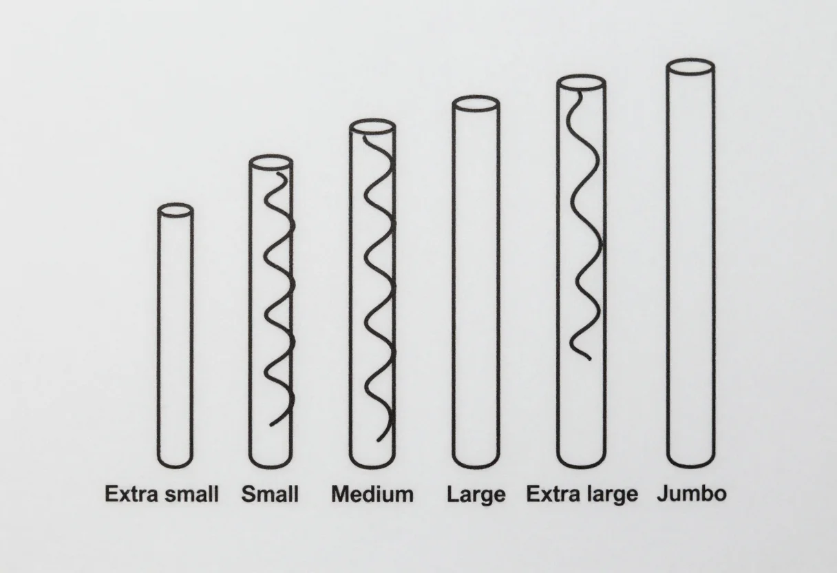 Perm rod charts — a row of six perm rods drawn from thinnest to thickest, labelled "Extra small", "Small", "Medium", "Large", "Extra large" and "Jumbo", technical line art with uniform thin black outlines, the rods as plain cylinders and the curls as single flowing lines