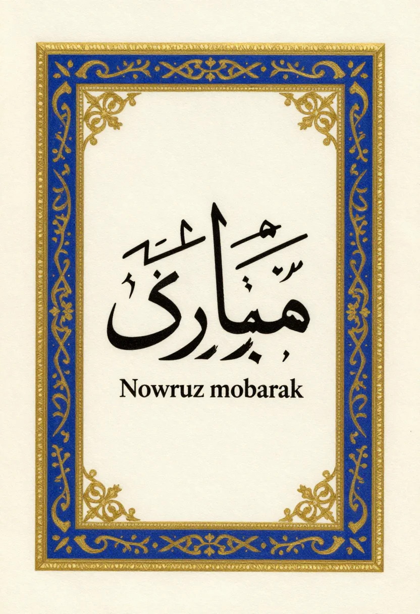 Persian calligraphy cards — a card with "نوروز مبارک" written large in nastaliq at the centre, "Nowruz Mobarak" small in Latin letters beneath, inside a gold illuminated border, classical illuminated manuscript border with gold leaf arabesque and a fine double rule, black nastaliq ink