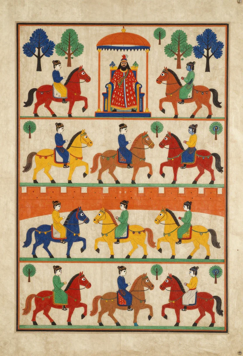 Phad — A crowded scroll section: a ruler enthroned under a canopy at twice the scale of his court, rows of horses and attendants facing him, small trees and a fort wall dividing one episode from the next, every figure in profile with one large eye., traditional phad painting on sized cloth, flat vegetable colour laid in a fixed order with the black outline drawn last