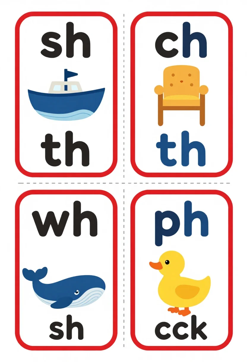 Phonics cards — the consonant digraph family — "sh", "ch", "th", "wh", "ph", "ck" — each over the plain picture that says it: ship, chair, thumb, whale, phone, duck, bold flashcard styling, thick rounded card borders and simple flat clip art in a heavy sans-serif