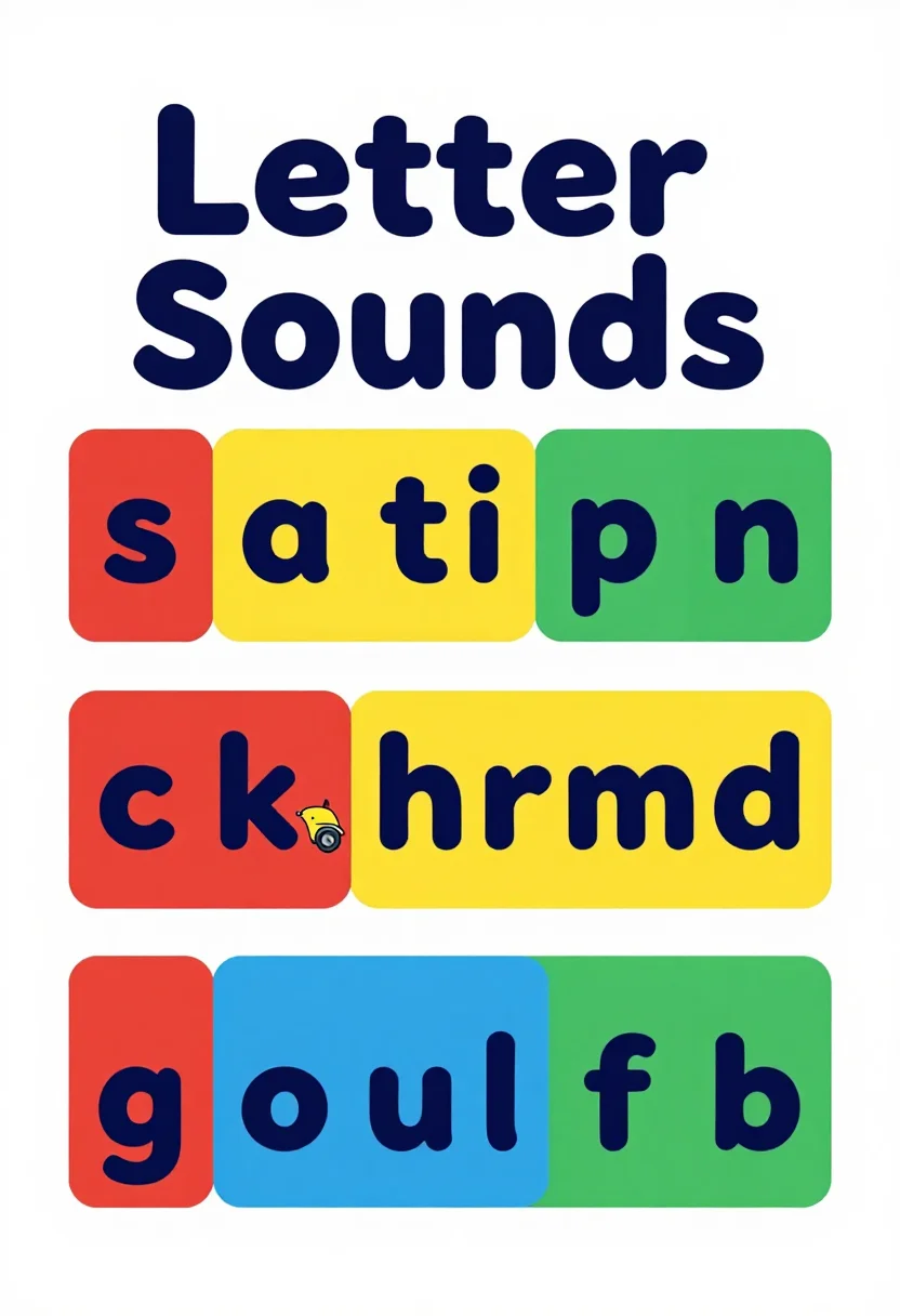 Phonics charts — a chart titled "Letter Sounds" with three coloured rows of letter tiles in teaching order, "s a t i p n", "c k e h r m d" and "g o u l f b", each tile with the letter and a tiny picture, a cheerful flat vector school poster, bold clean shapes, thick rounded sans-serif lettering, a crisp even layout and smooth gradient-free fills