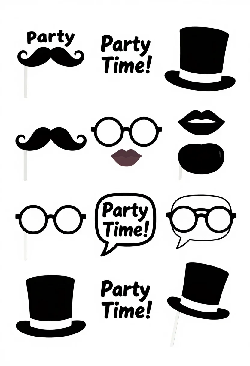 Photo booth props — a print-ready sheet of photo booth props, a curly moustache, red lips, round glasses, a top hat and a speech bubble reading "Party Time!", each with a cut line around it, a bold graphic treatment with thick black outlines and flat white fills