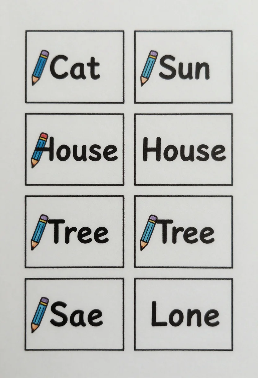 Pictionary cards — a printable sheet of eight word cards in a 2 by 4 grid with dashed cut lines, each with a pencil icon and one word, "Cat", "Sun", "House", "Tree" and four more, a hand-drawn doodle look with wobbly borders and little sketched pencils