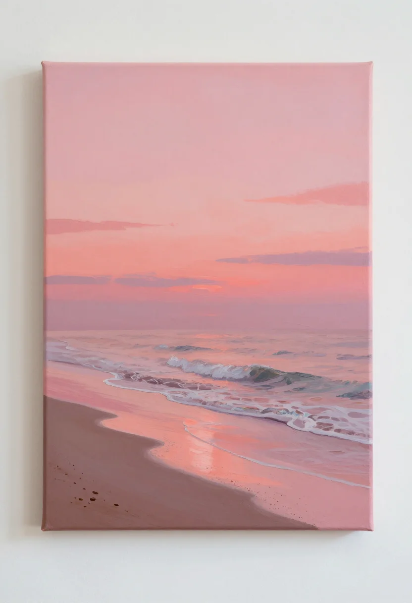 Pink wall art — a beach at dusk under a coral and pink sky, the wet sand giving the colour back, one low wave running in, no people anywhere, painted in layered acrylic on canvas, the brush marks left standing and the weave reading through the thin passages