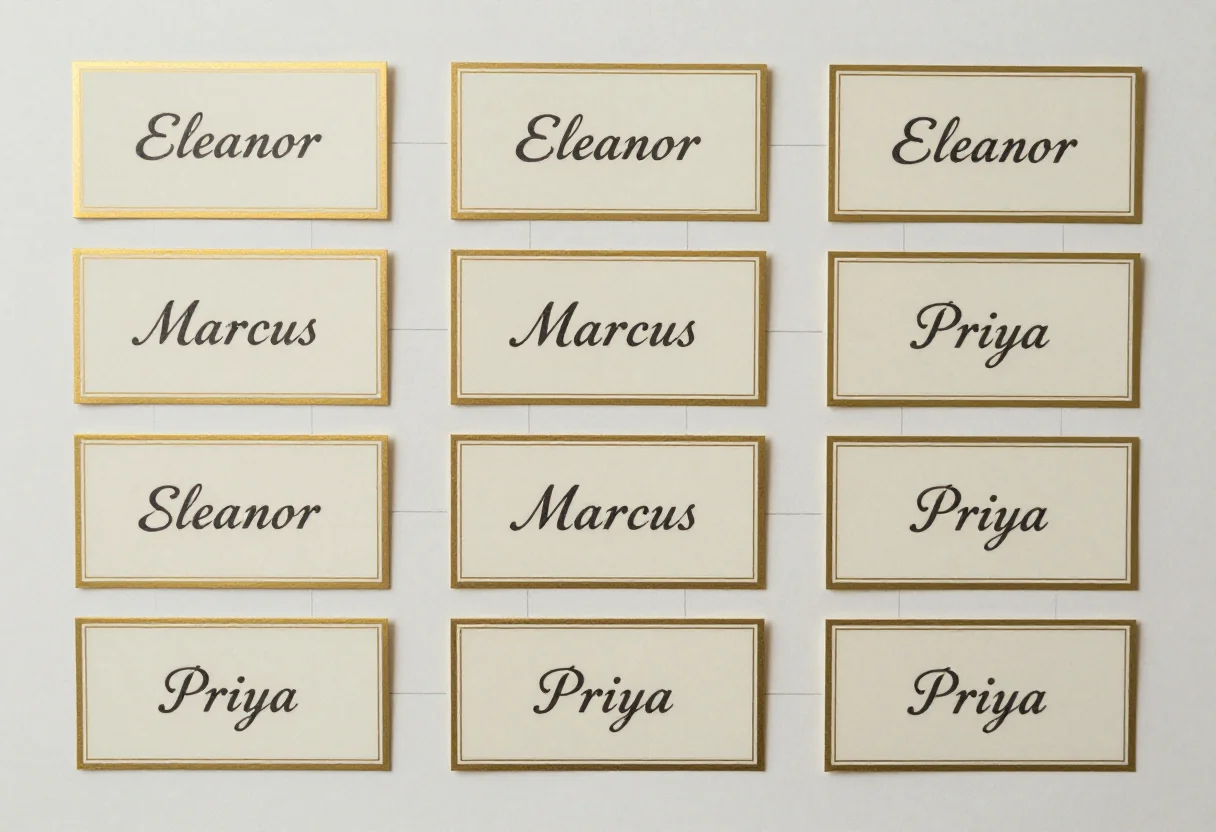Place cards — ten small folding tent cards ranged in rows on one sheet with fold and cut lines marked, a sample guest name lettered on each front, "Eleanor", "Marcus" and "Priya" among them, drawn as a classic gold-edged place card with a fine rule set just inside the trim and engraved copperplate script for the names