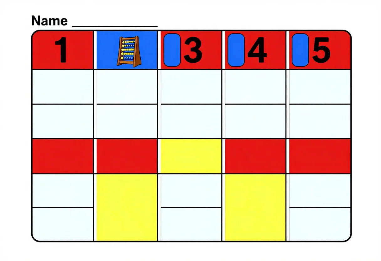 Place value — A landscape chart divided into five tall columns with a header band on each, the columns' widths equal, three empty rows beneath the headers, a thin comma drawn between the third and fourth columns, a small drawn abacus in a corner., bright flat classroom design, bold primary colours, rounded corners, clean vector