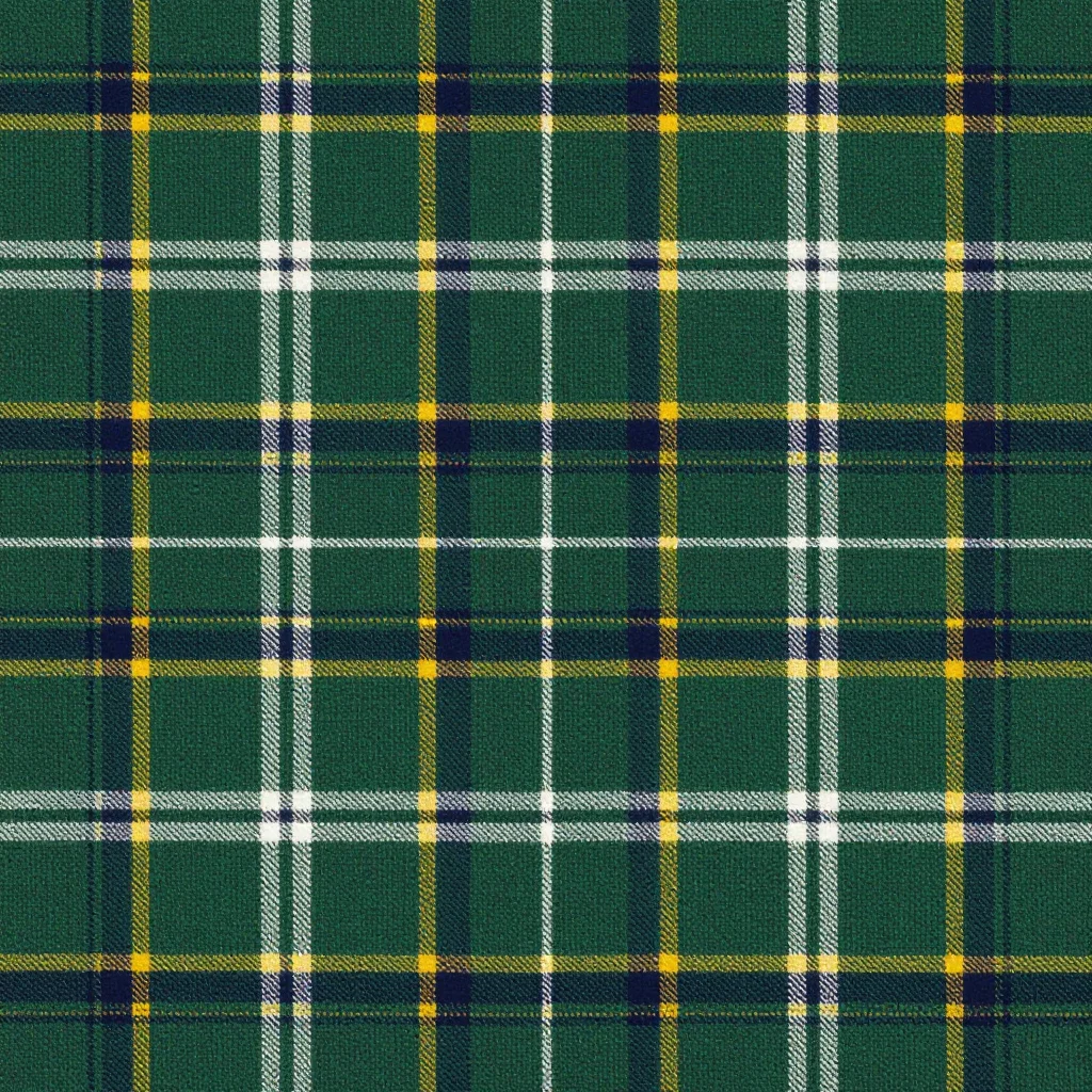 Plaid and tartan — A sett of six colours woven at thread scale, the whole repeat only a centimetre across, overlaps darkening at every crossing, the cloth reading as a warm dense heather from any distance., tartan repeat, a fixed sett of banded colours run in both warp and weft so every crossing mixes to a new tone, the sequence mirrored about its pivot, the twill diagonal visible in the weave, heavy wool twill with a visible diagonal