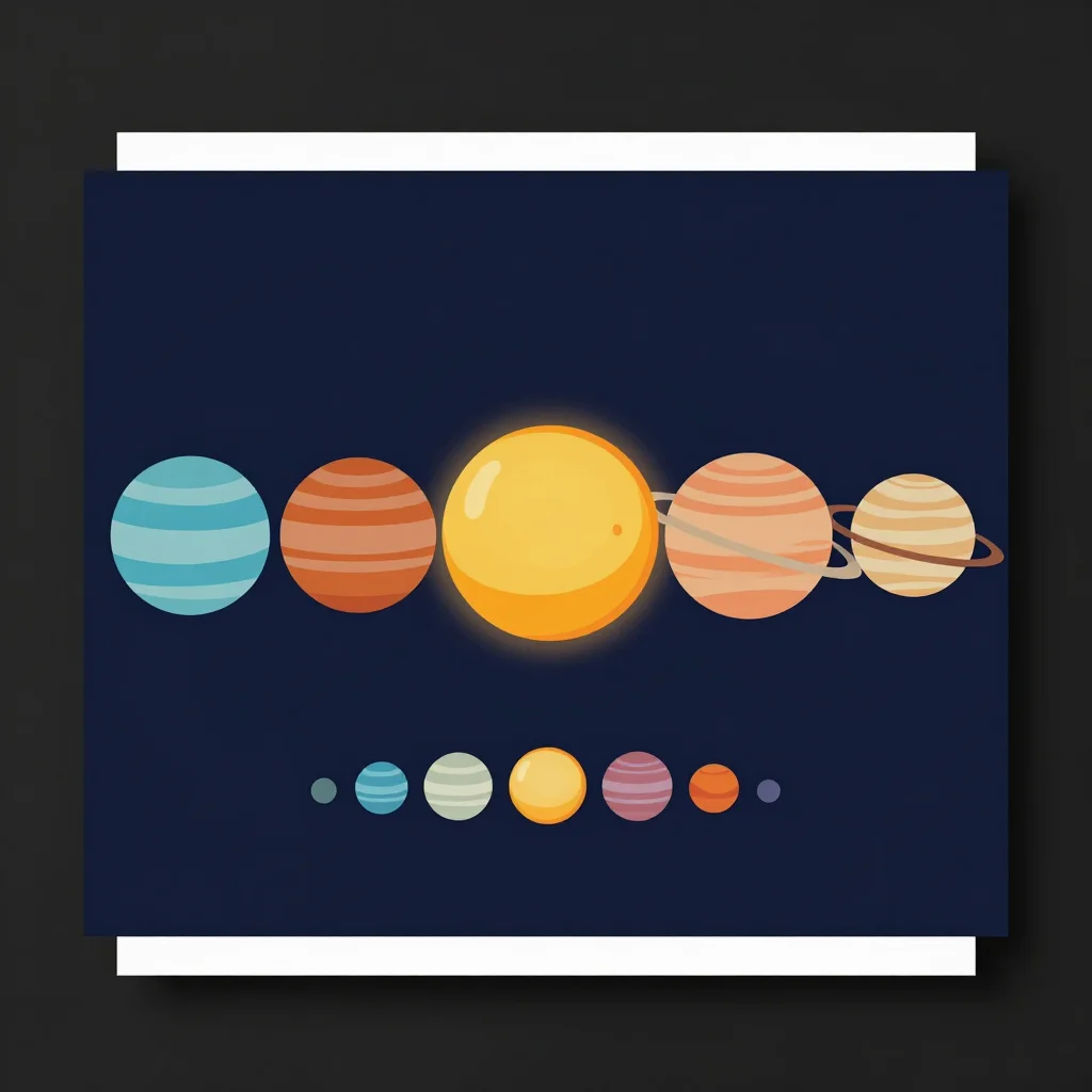 Planets — the eight planets in one row out from the sun, each with its own colour and banding, the ringed one tilted and the sizes roughly to scale, a flat vector poster, the forms simplified into bold clean shapes with no outlines and gradient-free fills