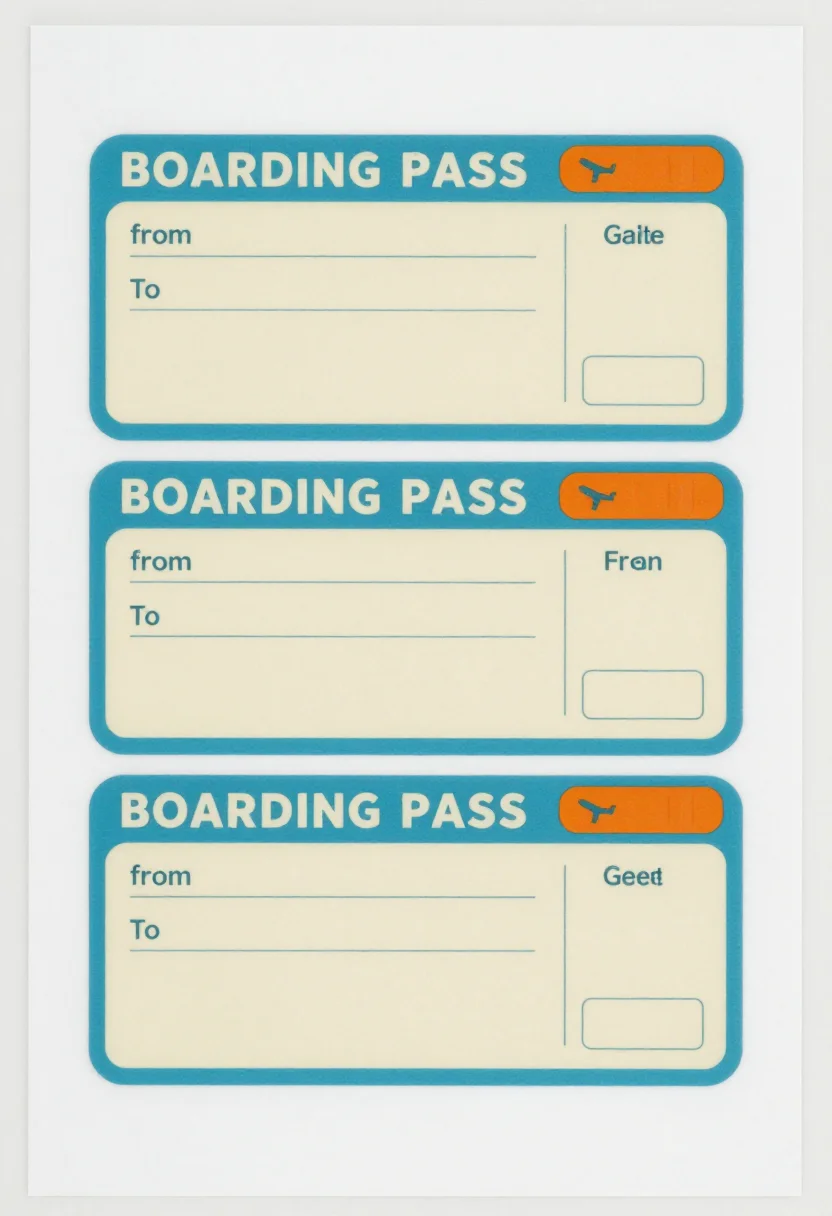 Airport pretend play — a sheet of three boarding passes with "BOARDING PASS" across each, a plane icon, a tear-off stub and blank fields for passenger, from, to, gate and seat, a flat retro airline print with a striped band and bold rounded capitals