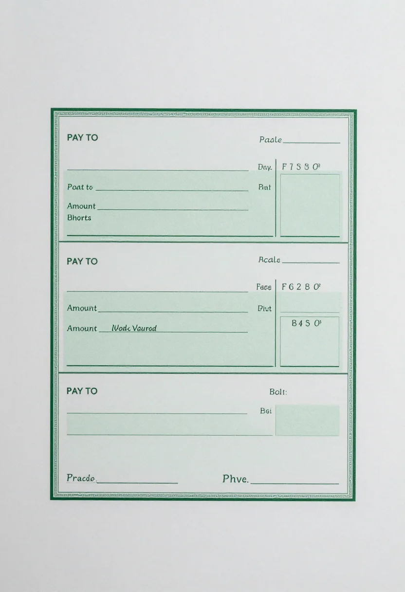 Play bank kits — a sheet of three play cheques with blank lines for pay to, amount in figures, amount in words and signature, and a cheque number in the corner, labelled "PAY TO", a classic cheque and bank-slip print with a fine border and tidy rules