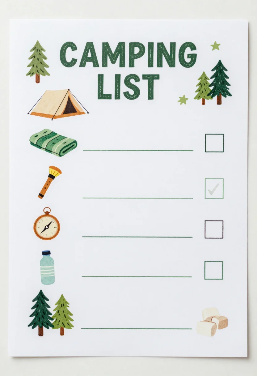 Camping pretend play — a camping checklist with "CAMPING LIST" at the top and small drawings of a tent, sleeping bag, torch, compass, water bottle and marshmallows, each beside a tick box, a hand-printed woodland style with chunky outlines and simple pine, tent and star shapes