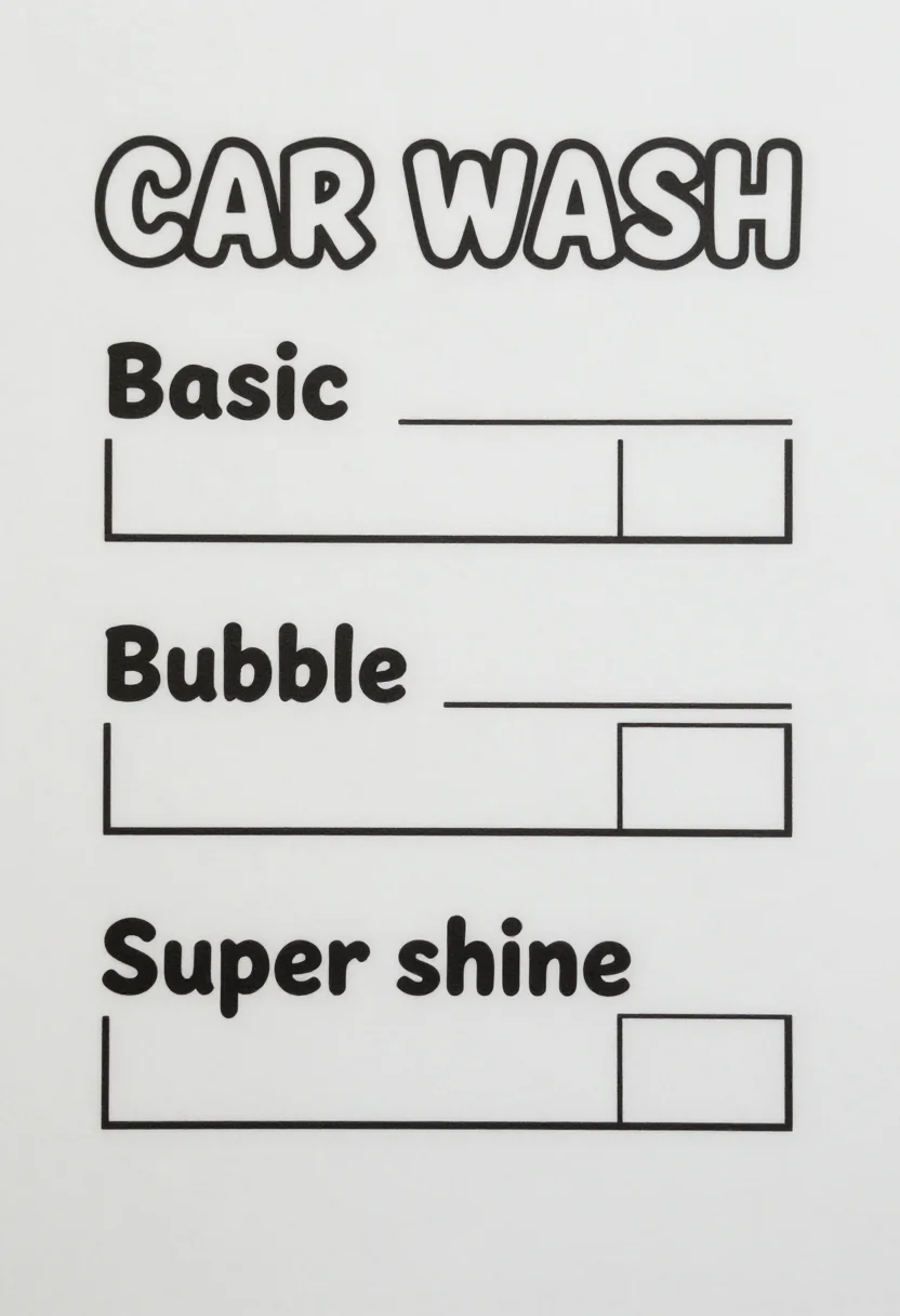 Car wash pretend play — a car wash menu with "CAR WASH" at the top in bubble letters, three wash levels named basic, bubble and super shine, each with an empty price box, clean closed black line art for colouring in, uniform medium outlines, no shading, no gray tones, no fills