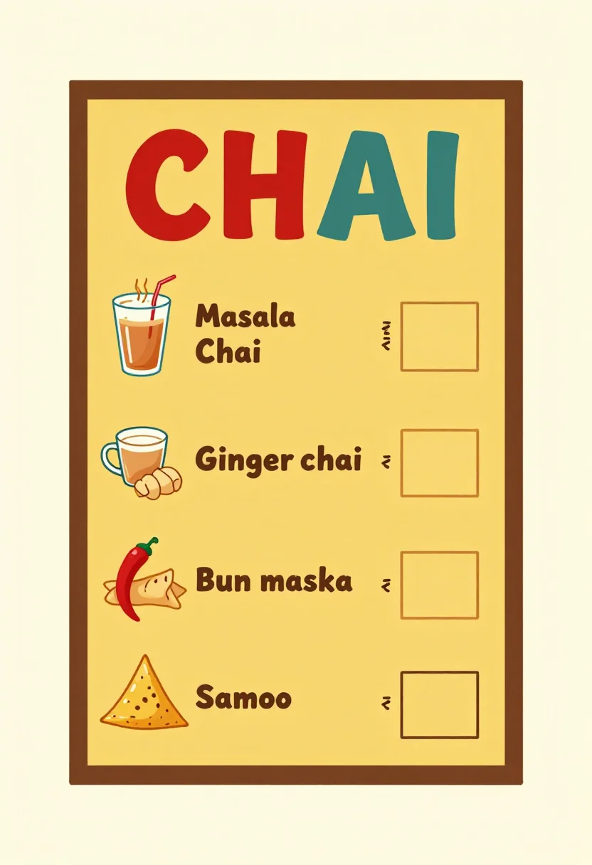 Chai stall pretend play — a chai stall menu board with "CHAI" at the top and drawings of masala chai, cutting chai, ginger chai, bun maska and samosa, each with an empty price box marked with a rupee sign, a hand-painted roadside tea stall signboard look, bold painted letters, flat bright shapes and a chunky border