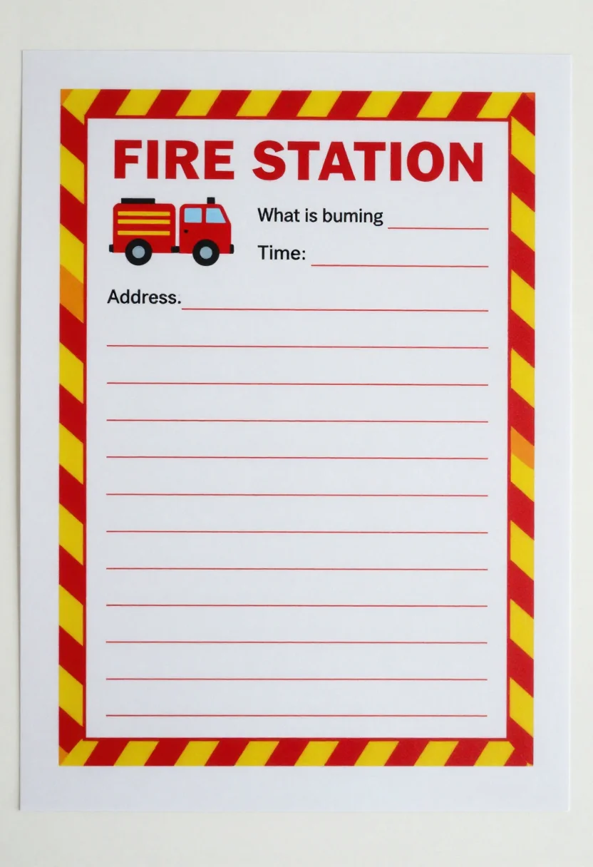 Fire station pretend play — an emergency call sheet with "FIRE STATION" at the top, a red engine icon and blank lines for the address, what is burning and the time of the call, a flat bold rescue print with hazard-stripe borders and heavy capitals