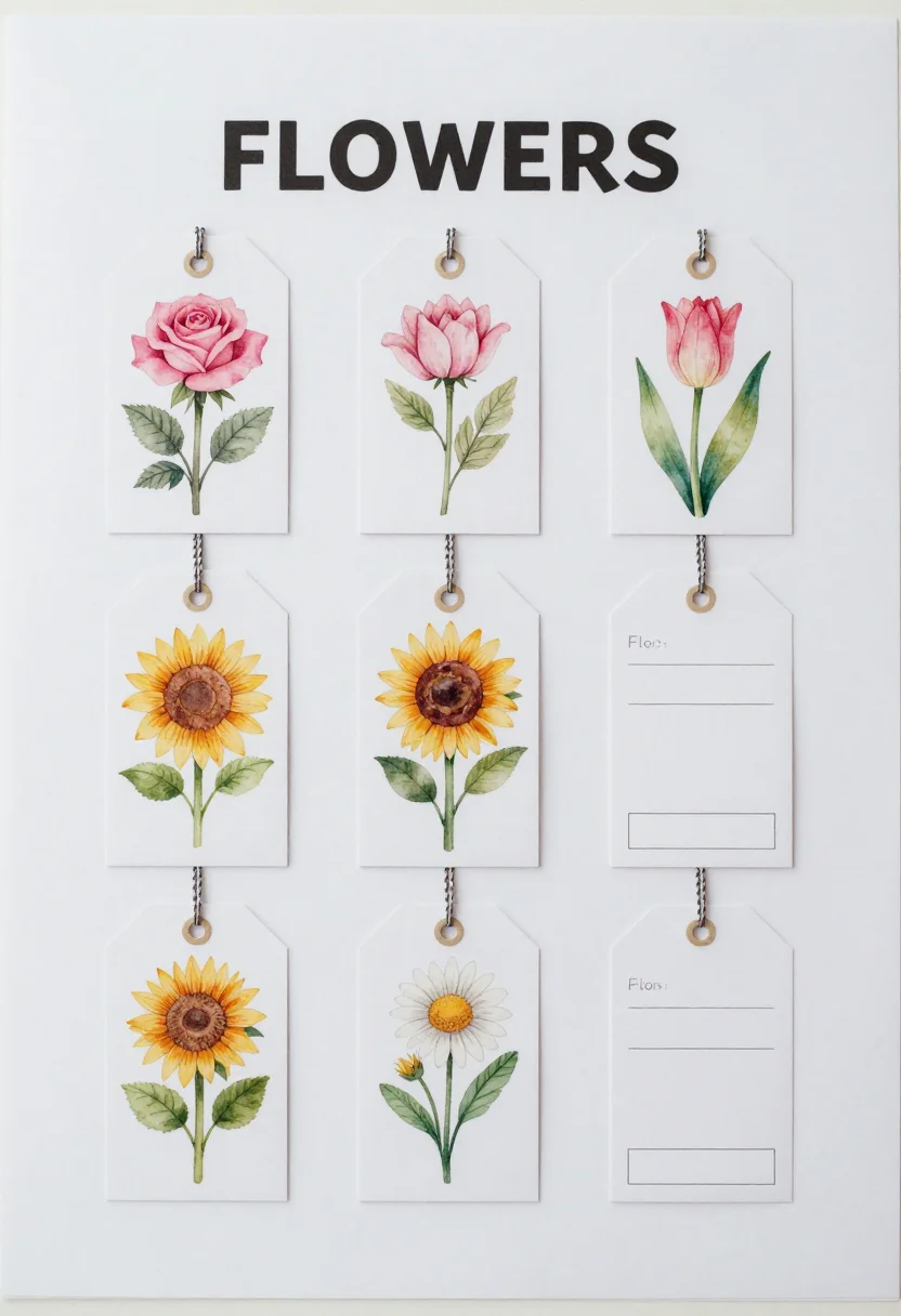 Flower shop pretend play — a sheet headed "FLOWERS" of eight hanging price tags with a hole and string loop, each with a flower drawing, a rose, a tulip, a sunflower, a daisy, and an empty price box, delicate botanical illustration sheets with fine outlines and soft watercolour wash