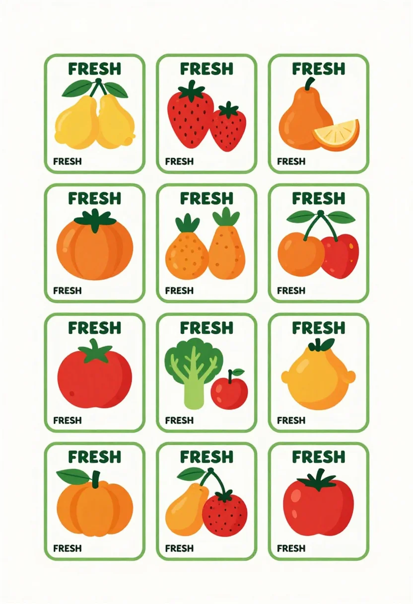 Play grocery store — a sheet of twelve price tags in a grid, each with a fruit or vegetable drawing, the item's name and a blank price box, labelled "FRESH", bright flat illustrations of fruit and vegetables with rounded shapes and bold labels