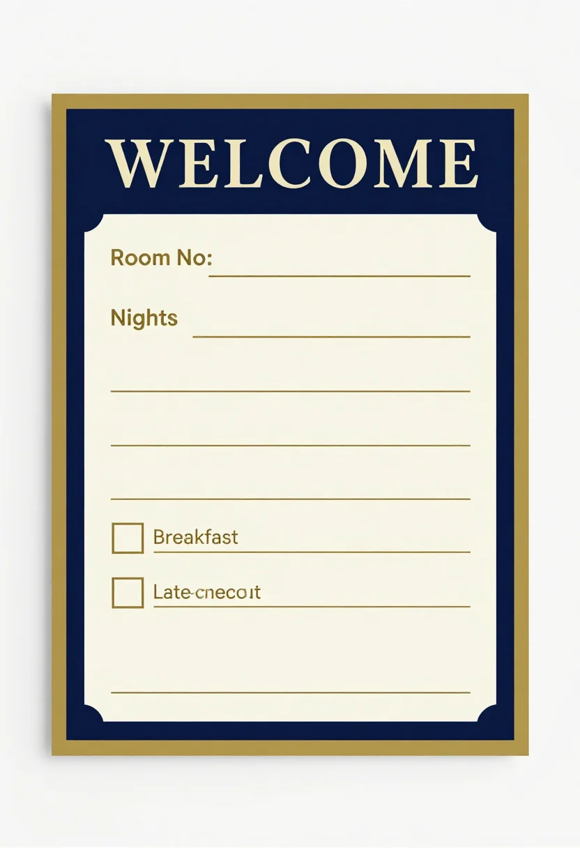 Hotel pretend play — a hotel check-in card with "WELCOME" at the top, blank lines for guest name, room number and nights, and tick boxes for breakfast and late checkout, an elegant flat hotel print with a gold double border and classic serif capitals