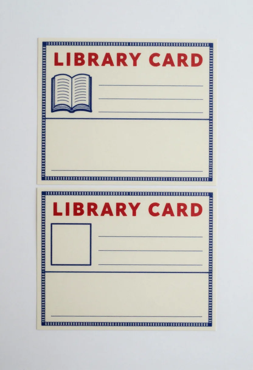 Library pretend play — a cut-out sheet of four library cards with "LIBRARY CARD" across the top, a book icon, an empty photo box and blank lines for name and card number, a vintage library card print with a ruled border and typewriter-style capitals