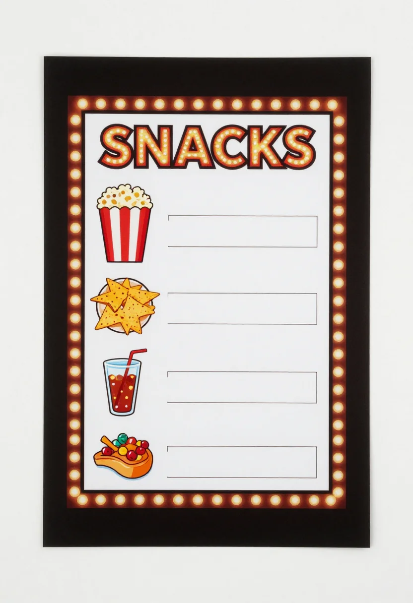 Movie theater pretend play — a cinema snack menu with "SNACKS" at the top and drawings of popcorn, nachos, a drink and sweets, each with an empty price box, a classic cinema marquee look, bold lettering with a row of round light bulbs, film-strip borders and starbursts