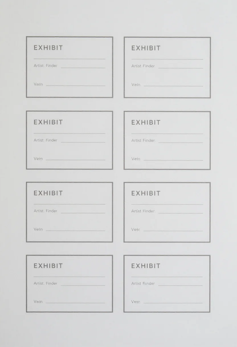 Museum pretend play — a sheet of eight museum exhibit labels each headed "EXHIBIT" with blank lines for the title, the artist or finder and the year, a minimalist modern gallery label look, thin rules, small clean serif type and generous white space