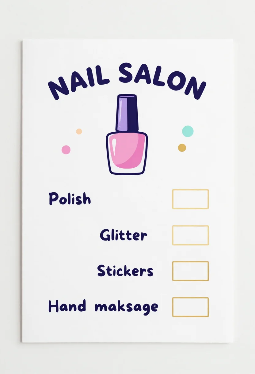 Nail salon pretend play — a nail salon menu with "NAIL SALON" at the top, a polish bottle drawing and services listed as polish, glitter, stickers and hand massage, each with an empty price box, a cheerful flat vector illustration, rounded shapes, smooth gradient-free fills and crisp dark outlines