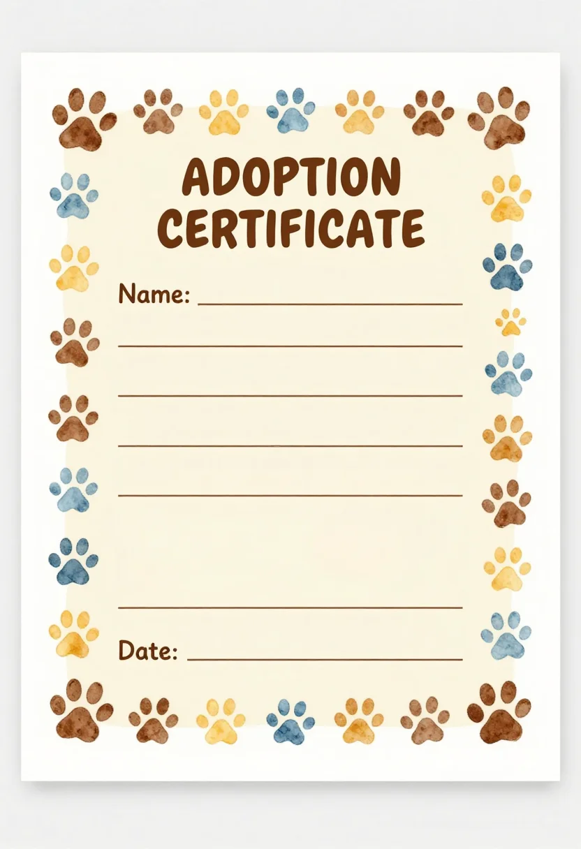 Pet shop pretend play — a pet adoption certificate with "ADOPTION CERTIFICATE" at the top, a paw-print border and blank lines for the pet's name, the new owner and the date, warm storybook watercolour sheets with soft outlines and paw-print borders