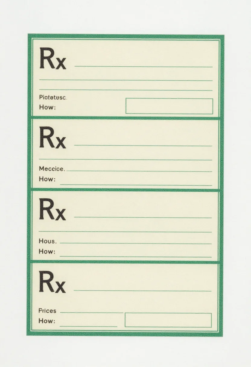 Pharmacy pretend play — a sheet of four prescription slips with "Rx" in the corner, blank lines for patient, medicine and how often, and an empty box for the doctor's signature, a vintage apothecary print with a fine ruled border and old-fashioned capitals