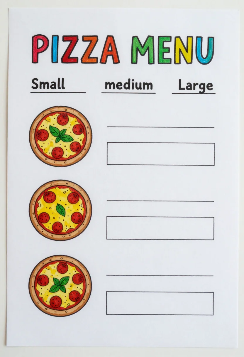 Pizza shop pretend play — a pizzeria menu card with "PIZZA MENU" at the top, four pizzas each with a small drawing and an empty price box, and a sizes row for small, medium and large, friendly crayon-drawn sheets with wobbly outlines and chunky hand lettering