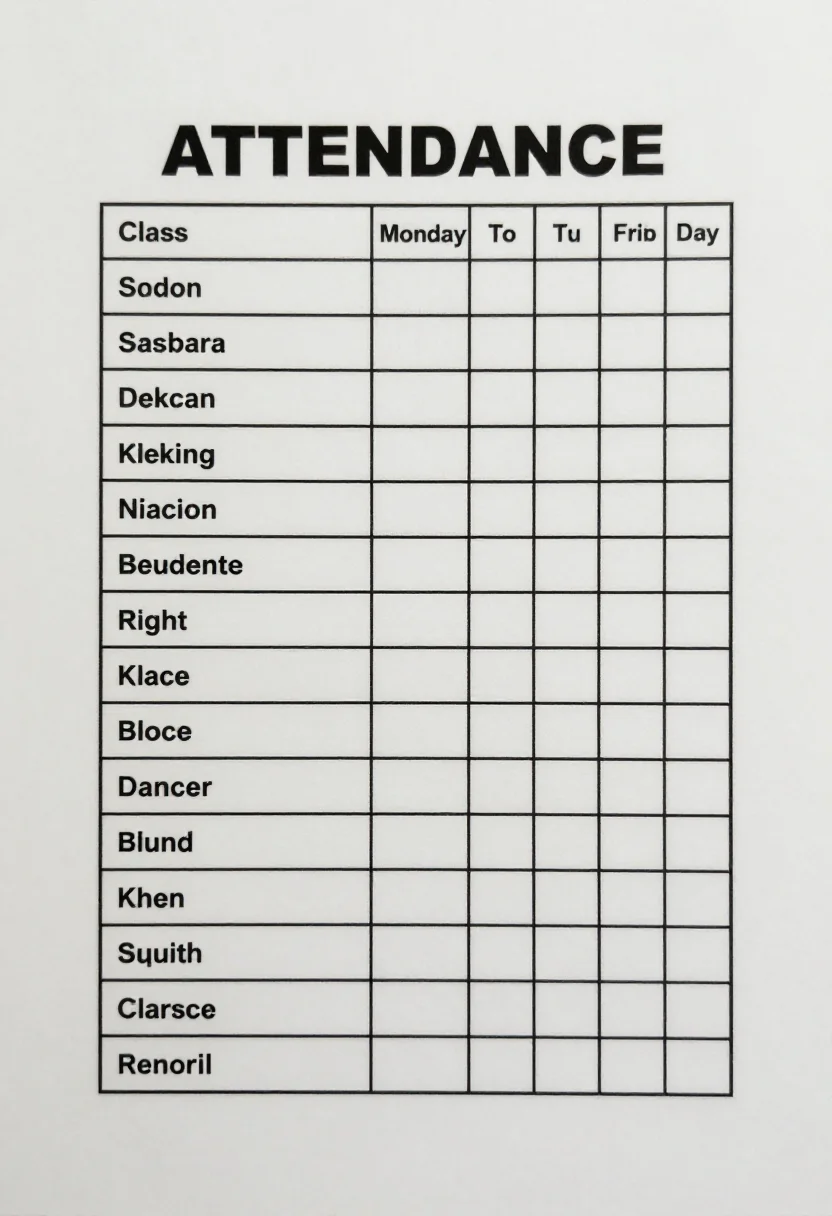 School pretend play — a class register page with "ATTENDANCE" at the top, ruled rows for student names and a grid of boxes for Monday to Friday, clean closed black line art for colouring in, uniform medium outlines, no shading, no gray tones, no fills