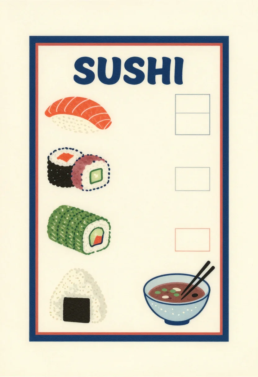 Sushi bar pretend play — a sushi bar menu with "SUSHI" at the top and drawings of salmon nigiri, tuna maki, cucumber roll, onigiri and miso soup, each with an empty price box, a Japanese woodblock print look, soft flat colour fields, fine ink outlines and a subtle wave pattern border