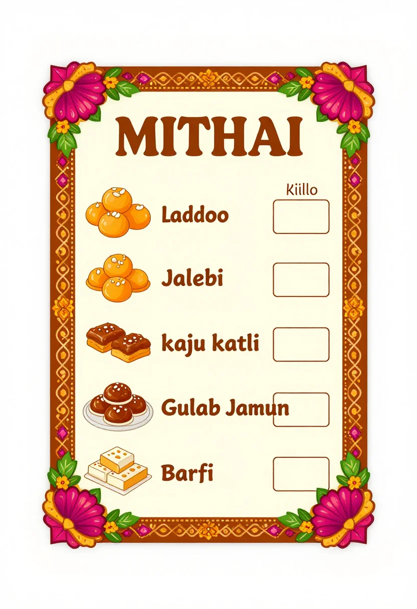 Sweet shop pretend play — a sweet shop price board with "MITHAI" at the top and drawings of laddoo, jalebi, kaju katli, gulab jamun and barfi, each with an empty price box per kilo, a festive Indian sweet-shop poster look, ornate borders with paisley and marigold motifs, glossy flat shapes