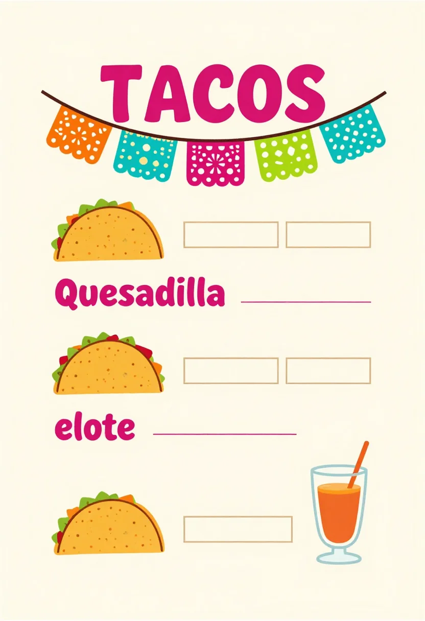 Taco truck pretend play — a taco truck menu with "TACOS" at the top and papel picado bunting, drawings of tacos, quesadillas, nachos, elote and horchata, each with an empty price box, a Mexican folk-art look, papel picado bunting, bold flat shapes and hand-lettered capitals