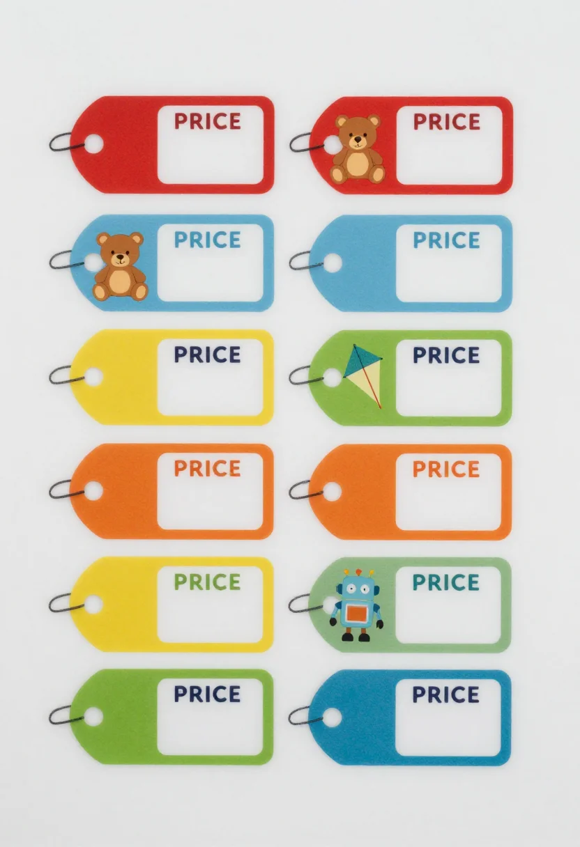 Toy store pretend play — a sheet of twelve price tags marked "PRICE" with a hole and string loop and an empty price box on each, drawn with a teddy, a ball, a robot and a kite, a cheerful flat vector illustration, rounded shapes, smooth gradient-free fills and crisp dark outlines
