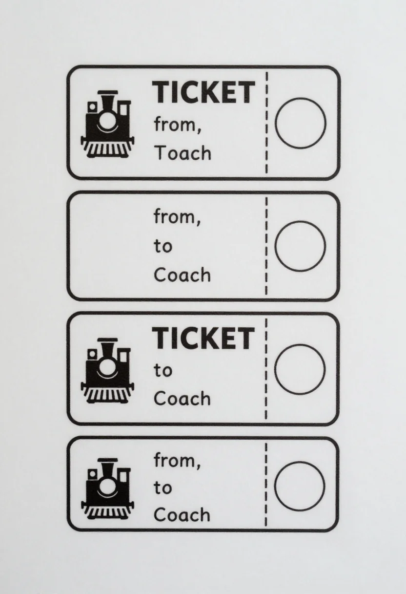 Train station pretend play — a sheet of six train tickets with a locomotive icon, "TICKET" across the top and blank fields for from, to, coach and seat, with a punch circle, clean closed black line art for colouring in, uniform medium outlines, no shading, no gray tones, no fills